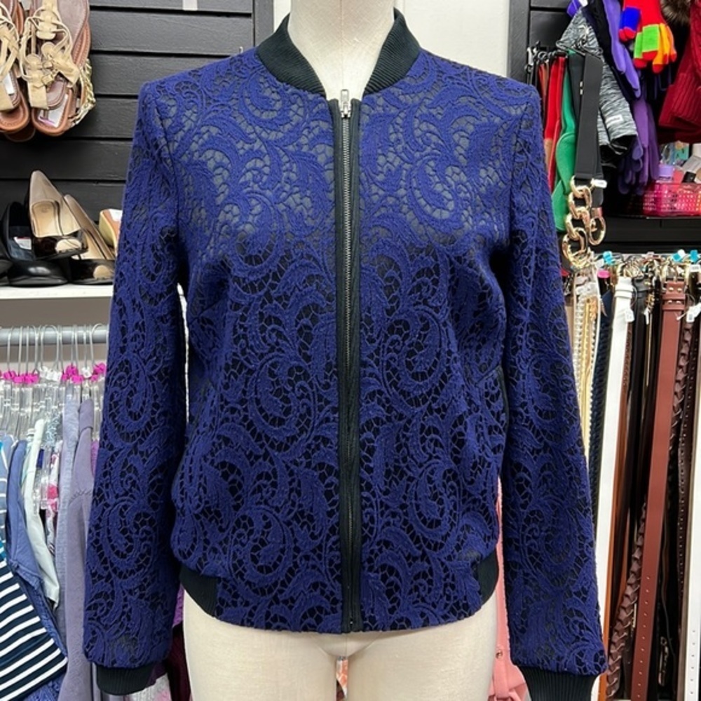 Helene Berman London Blue Lace Bomber Jacket Zip-Up Size S